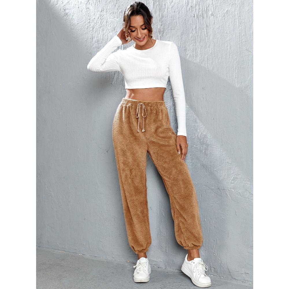 Podzimní a zimní jednobarevné módní plyšové ležérní kalhoty volného střihu, hřejivé domácí kalhoty ze sametu