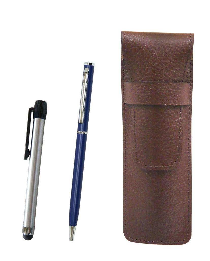 leather pen case with a metallic silver handle and a slim rotating ballpoint pen set Chocolate-colored (Blue, SASTYO-ALST-PD04-L)