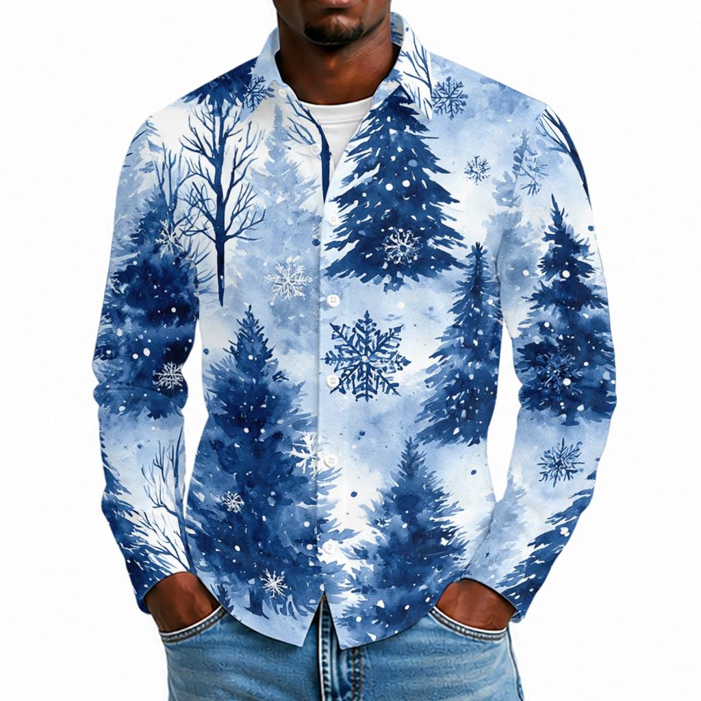 Men's Casual Long Sleeve Shirt with Christmas Print for Spring and Daily Wear