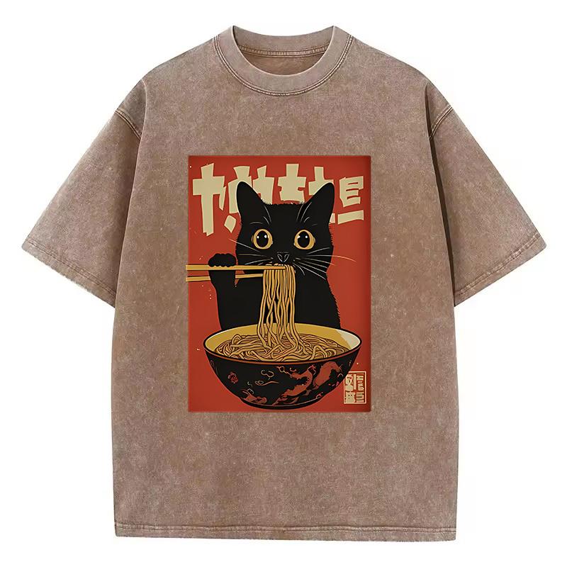 T Shirt Vintage Washed 100% Cotton T-Shirt Black Retro Cat Eating Ramen Graphic Tee Casual Streetwear for Spring Summer