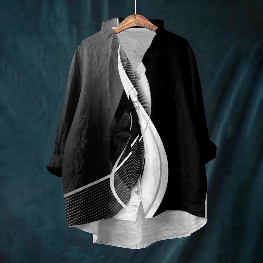 Damen Locker Rüschen Floralprint Stehkragen Langarm Baumwolle und Leinen Top