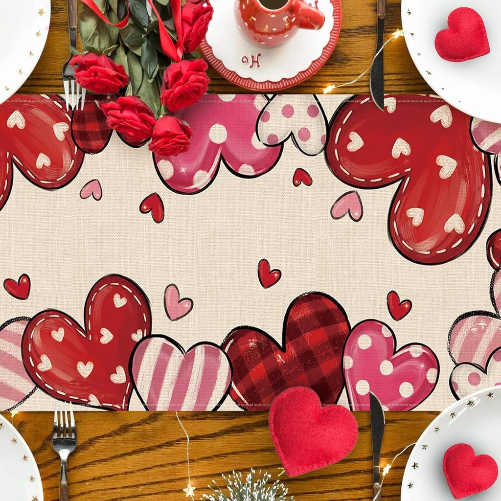 Valentine's Day Pink Red Love Hearts Table Runner Table Decor Reusable Kitchen Dining Table Runner Wedding Party Decorations
