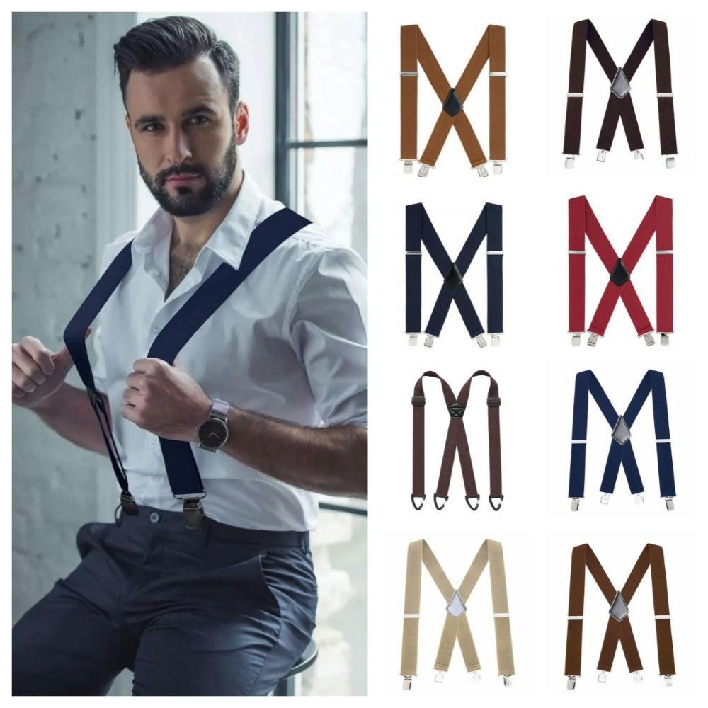 5cm Wide X-Type Suspenders Solid Color Elastic Pants Braces Simple Adjustable Suspenders Business
