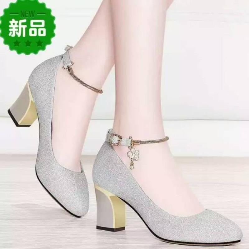 Women Wedding High Heel Shoes Luxury Elegant Plus Size Women Shoes Spring Ankle Strap Heels Women Shallow Chunky Heel Pumps