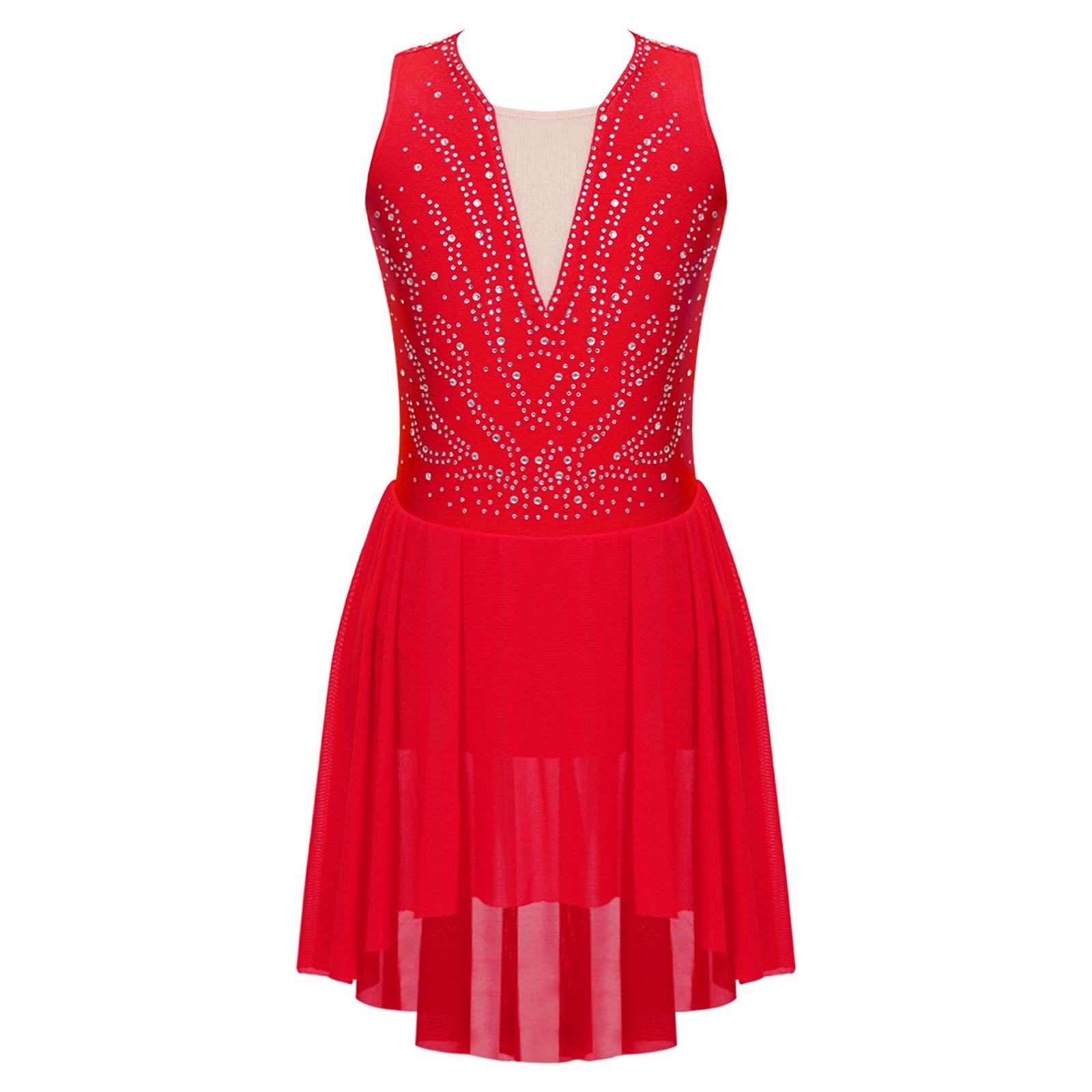 

Танцевальное платье для девочек с бретельками сзади, асимметричный подол, без рукавов, со стразами 5-6 Years красный