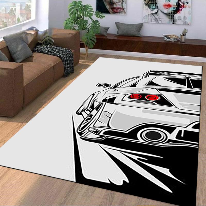 Sporty Car Design Rug with Modern White and Black Stylish Pattern Suitable for use as an anti-slip for living room bedroom sofas