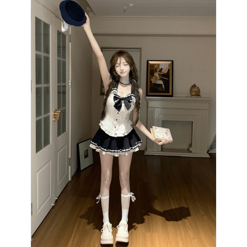 

Syj Loose-Fit Preppy Style Sweet Girl Elegant Bow Top Female Sweet Princess Skirt Outfit Summer Skirt S