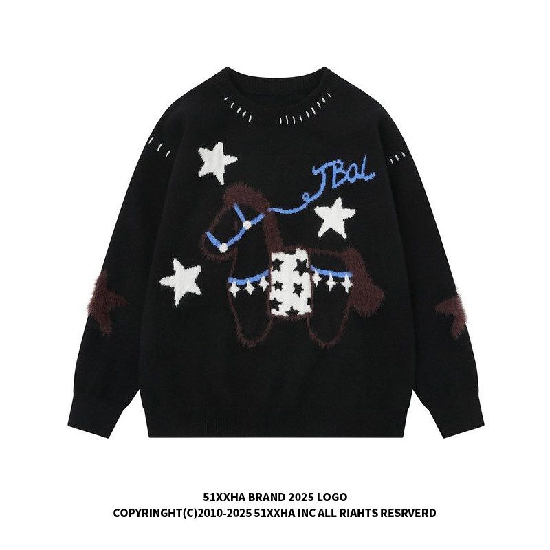 51 Hip-Hop Year of the Horse Zodiac Year Red Sweater Men's Trendy High-End Winter Star Couple New Year Round Neck Knitwear