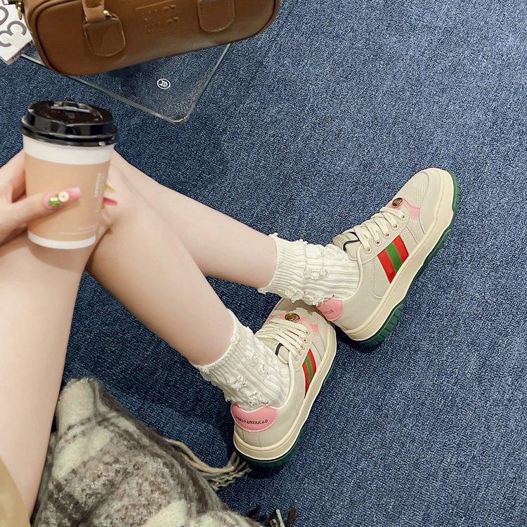 Retro Color Matching Thick Baseplate Shoes Women's Autumn 2025 New Breathable Round Head Lace-up Versatile Casual Sports Shoes