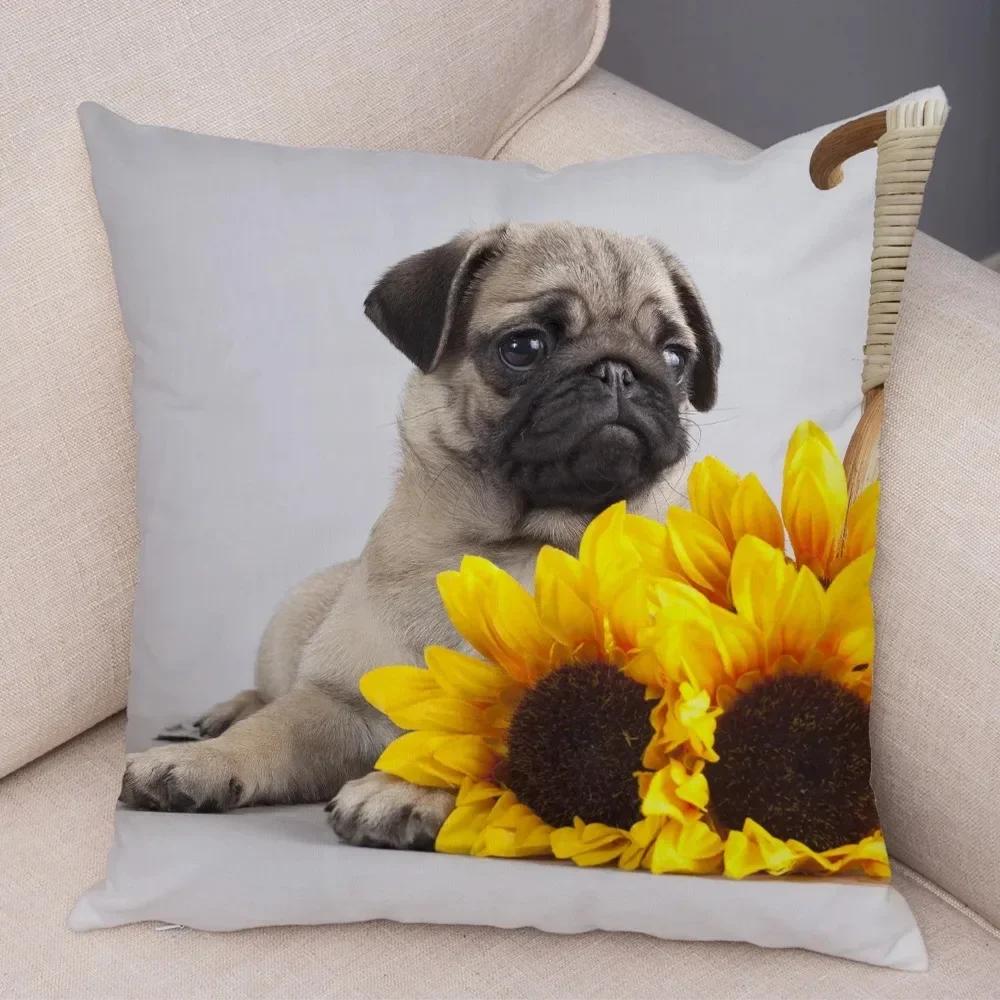 VIKAMA Nordic-Style Adorable Dog Cushion Cover Pug Print Cushion Cover Bedroom Living Room Sofa Decorative Cushion Cover