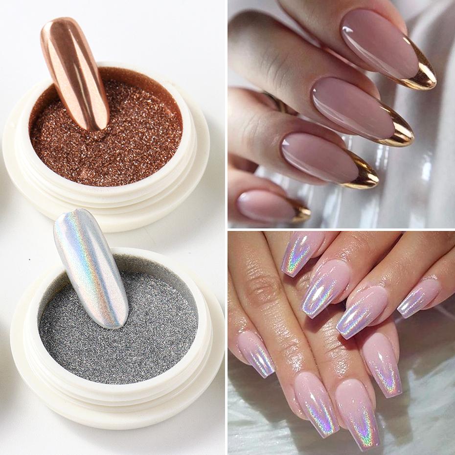 6pz Specchio Cromato Bianco Polvere Pigmento per Unghie Oro Argento Strofinare Olografico Aurora Iridescente Metallico Nail Art Potenza Decorazione