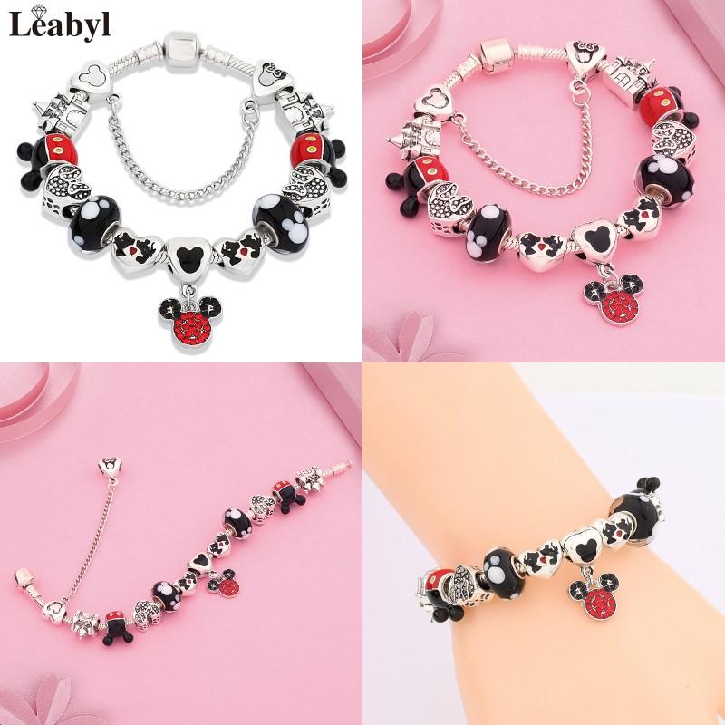 Potdemiel Pink Enamel Crystal Minnie Charm Bracelets Silver Color Heart Cartoon Bead Jewelry for Women Girl Gift