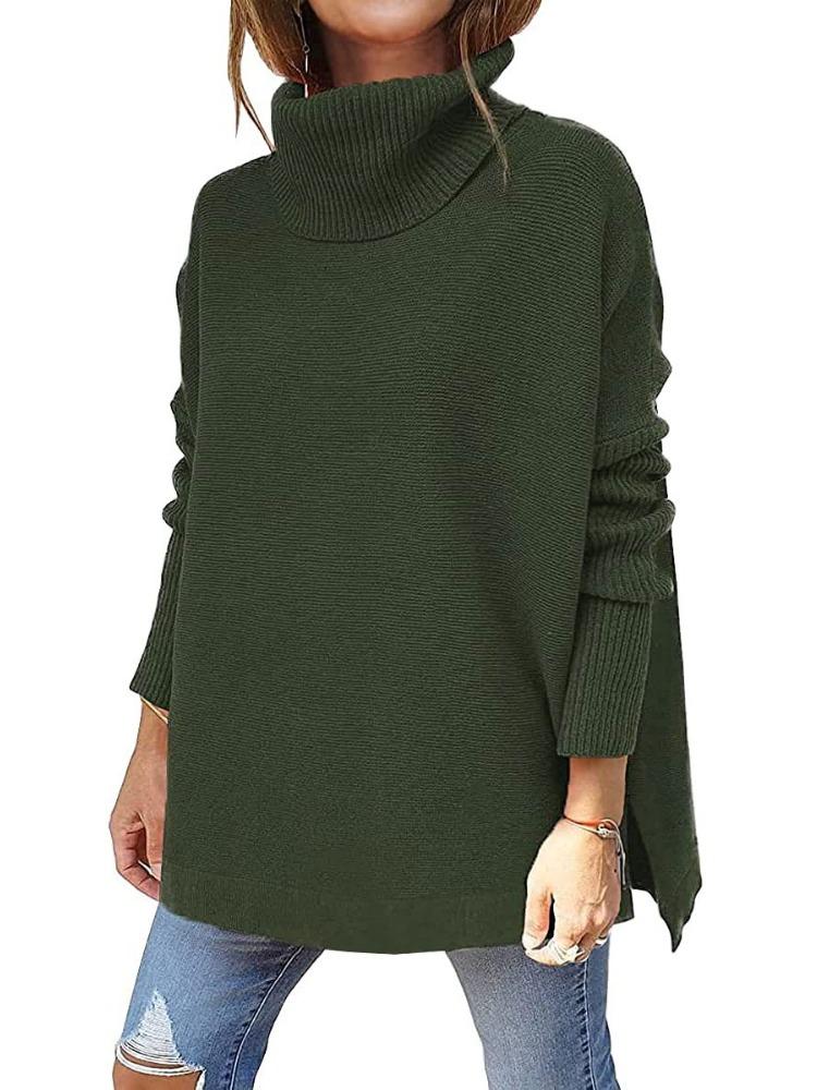 Women's Oversized High Neck Sweater Mid Length Batwing Sleeves Split Hem Waist Tied Pullover Luxurious Relaxed-fit Slimming and Versatile Top