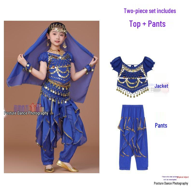 

Костюм для індійського та синьцзянського танцю для дівчаток: Дитячий етнічний одяг для виступу з танцю живота XL (130-140cm)