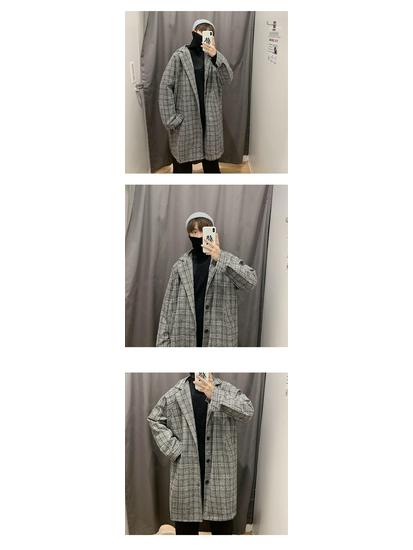 Men's Mid-Length Plaid Wool Coat: Trendy, Hong Kong Style, Loose-Fit Windbreaker for Autumn and Winter.