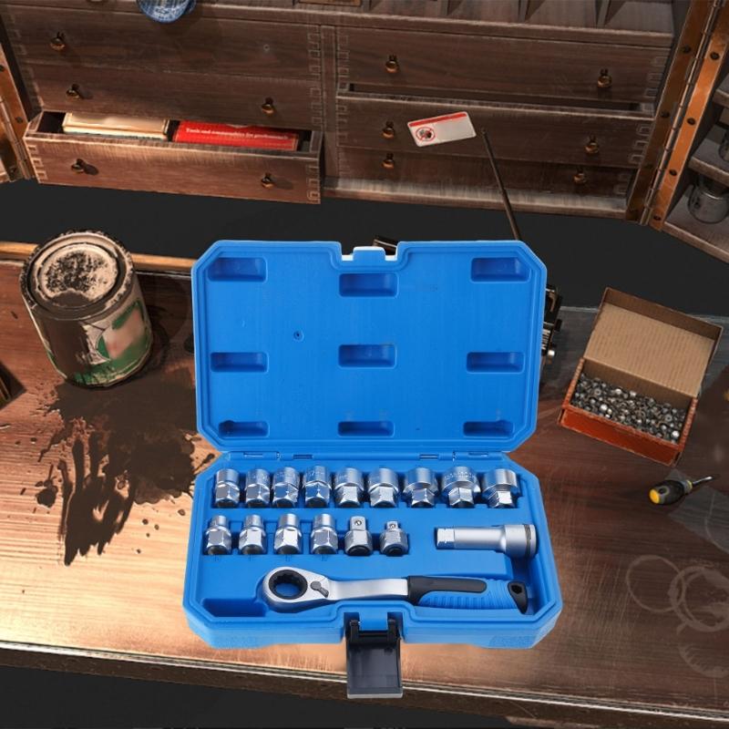 17-częściowy zestaw kluczy nasadowych przelotowych ze stali stopowej z wieloma nasadkami do zastosowań mechanicznych, oszczędzający miejsce