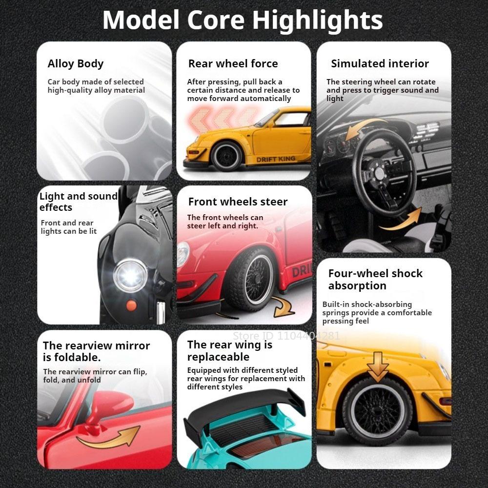 1:22 Shelby Cobra RWB 993 Miniature Toys Alloy Diecast Model Car Doors Opened Sound Light Pull Back Sportscar Exquisite Ornament