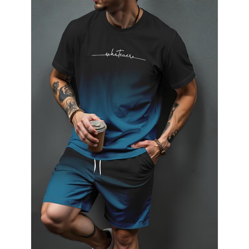 Sommer Herren Paris Print Kurzarm T-Shirt & Shorts Set Rundhals Farbverlauf Kurzarm Damen T-Shirt Shorts Set