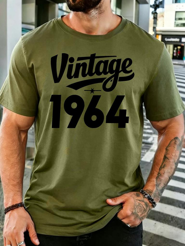 Unisexs Light Cotton T Shirt Bold Vintage 1964 Typography Star Text O Neck Short Sleeve Loose Daily Casual Gift Top For Senior Guys