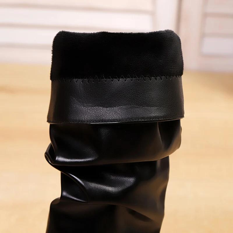 Stiletto Heel Knee High Boots Women Plus Size 34-42 Pleated Pu Leather Long Boots Woman Sexy Pointed Toe High Heel Botas