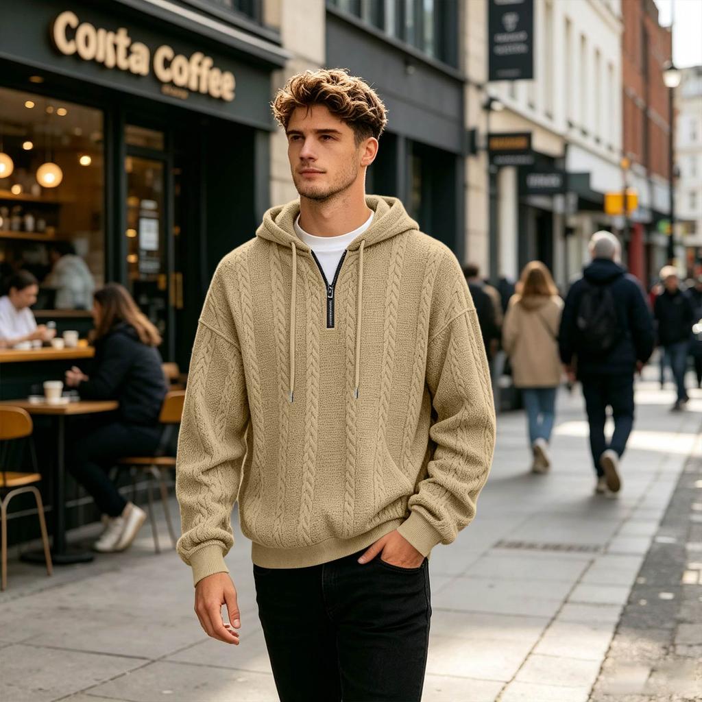 Men's Knit Hoodie with Half Zip Long Sleeve Loose Fit Casual