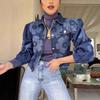 Women's Lapel Long Sleeve Cropped Denim Jacket Loose Fit Laser Floral Print Casual Jean Outerwear