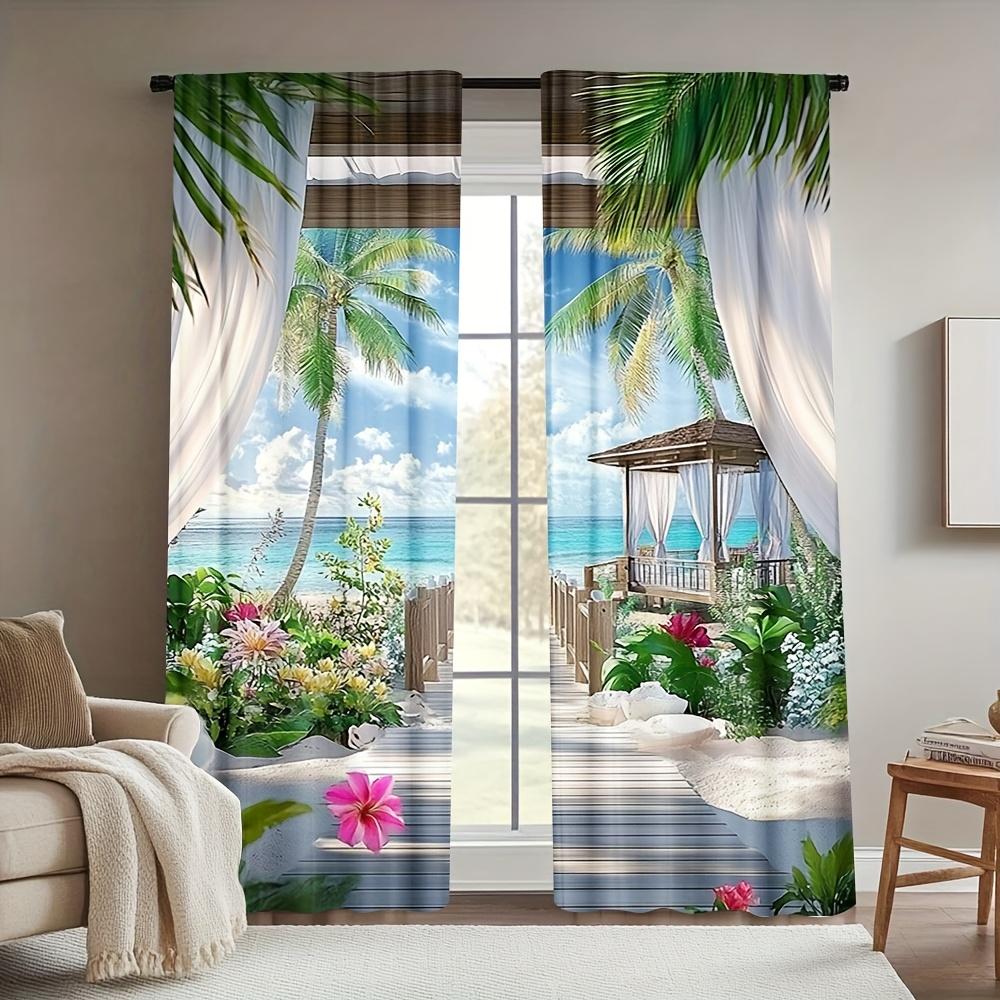 2PCS Tropical Beach Blackout Curtains   Seaside View Polyester Drapes for Living Room   Bedroom   Office - Modern Coastal Decor