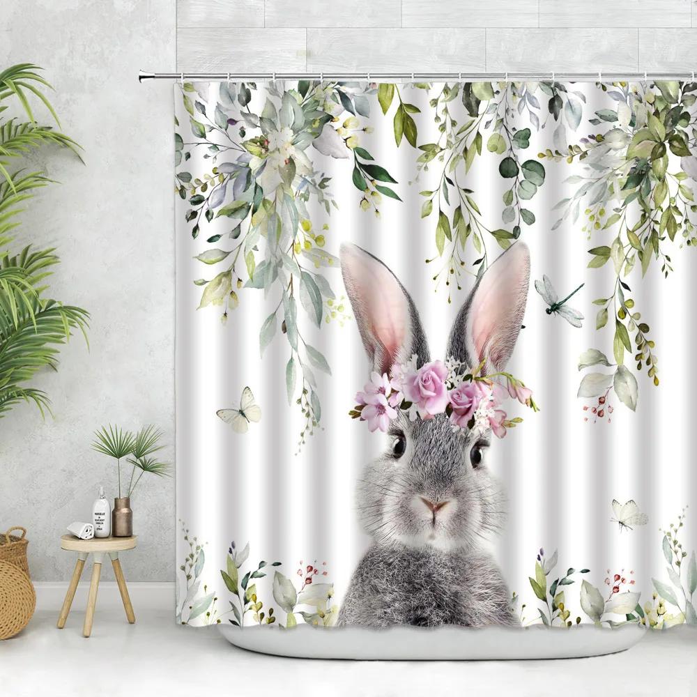 

Easter Shower Curtain Set Bunny Rabbit Easter Egg Wooden Bathroom Shower Curtains Polyester Fabric Bath Curtain Decor with Hook W90XH180cm