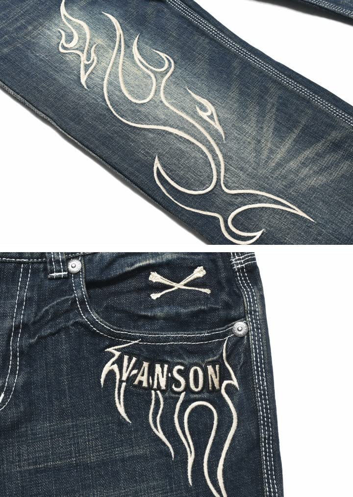 Vanson Cross Piston Fully Distressed Denim Jeans, Skull, Embroidered, Pants, SP-B-32 (Size 34, Indigo)