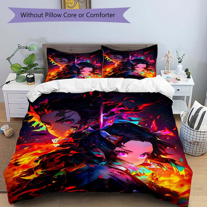 

3pcs Flaming Anime Characters Printed Quilt Set - Includes 1 Quilt Cover and 2 Pillowcases, Machine Washable - Suitable for All Seasons.C037 135x200cm