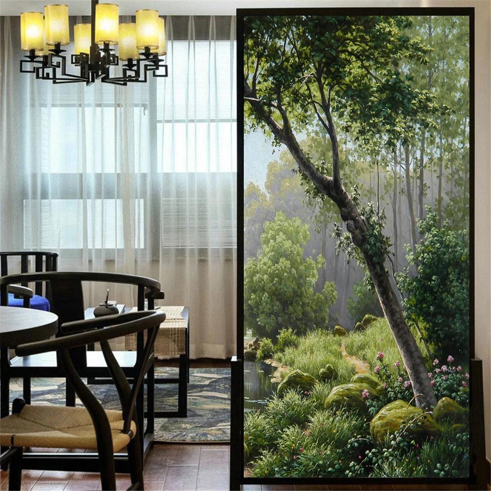 Green Plant Pattern Privacy Windows Film No Glue Static Cling Decorative Stained Glass Window Stickers