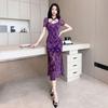 Summer New Purple New Chinese Style Improved Cheongsam Lace Dress Femininity Waist Thin Split Fork Medium Dress