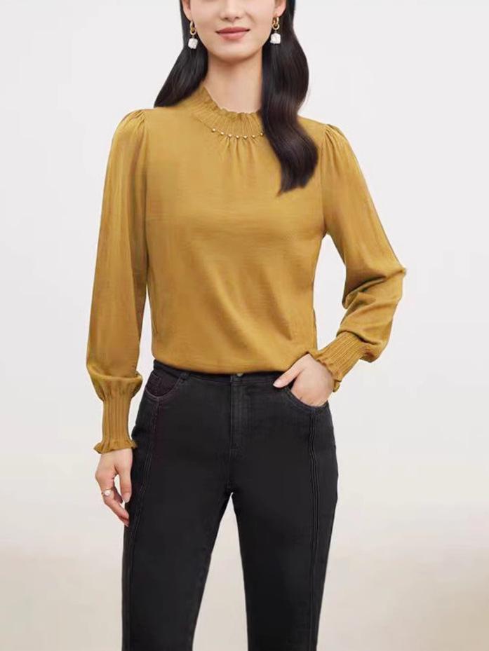 Elegant 2024 Autumn Women's Long Sleeve Wool Sweater - 100% Fine Wool Base Layer