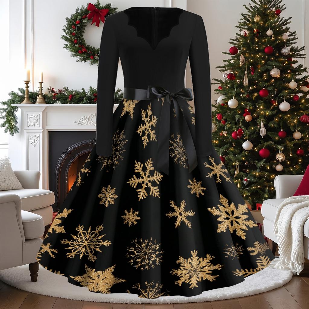 Women's Vintage V-Neck Long Sleeve Christmas Print Casual Dress