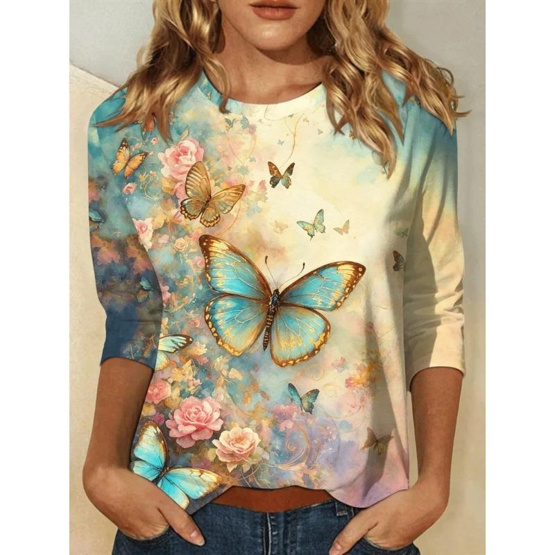 Efterår og Vinter Dame Sommerfugl 3D Printet Rund Hals Langærmet T-shirt