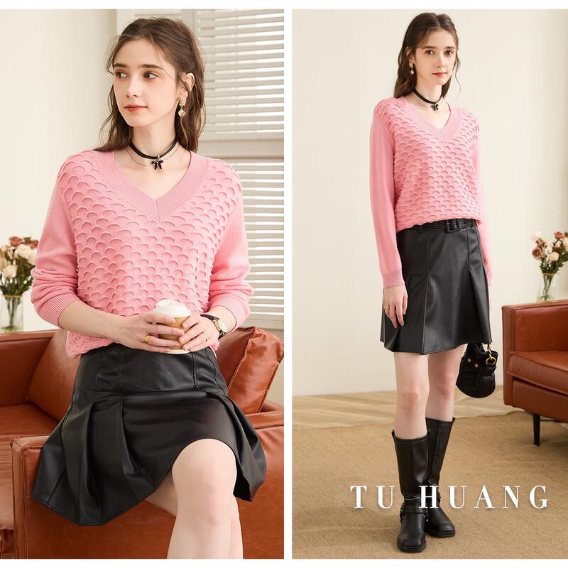 TUHUANG Women's Pure Wool V-Neck Sweater