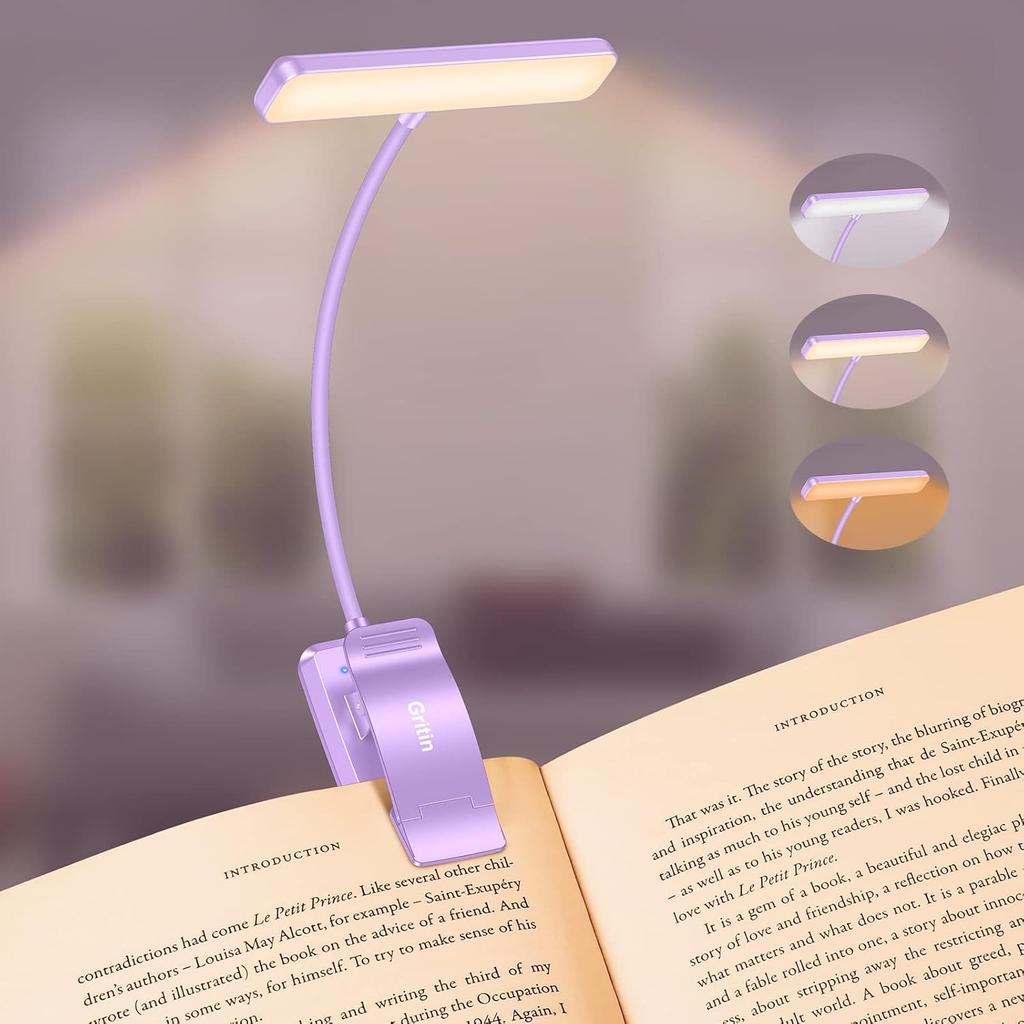 Gritin 19 LED Rechargeable Book Light for Reading in Bed | Eye Caring 3 Color Temps,Stepless Dimming Brightness,Memory Function,90 Hrs Runtime