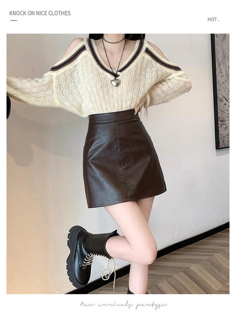 Black A-line High-waisted PU Leather Skirt: Women's Spring/Autumn Slimming Mini with Anti-exposure Design