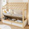 Cama Infantil Estilo Casa de Campo 90 x 200 cm com Telhado, Janela, Armazenamento Hidráulico e Compartimentos Laterais, Cor Madeira+Branco