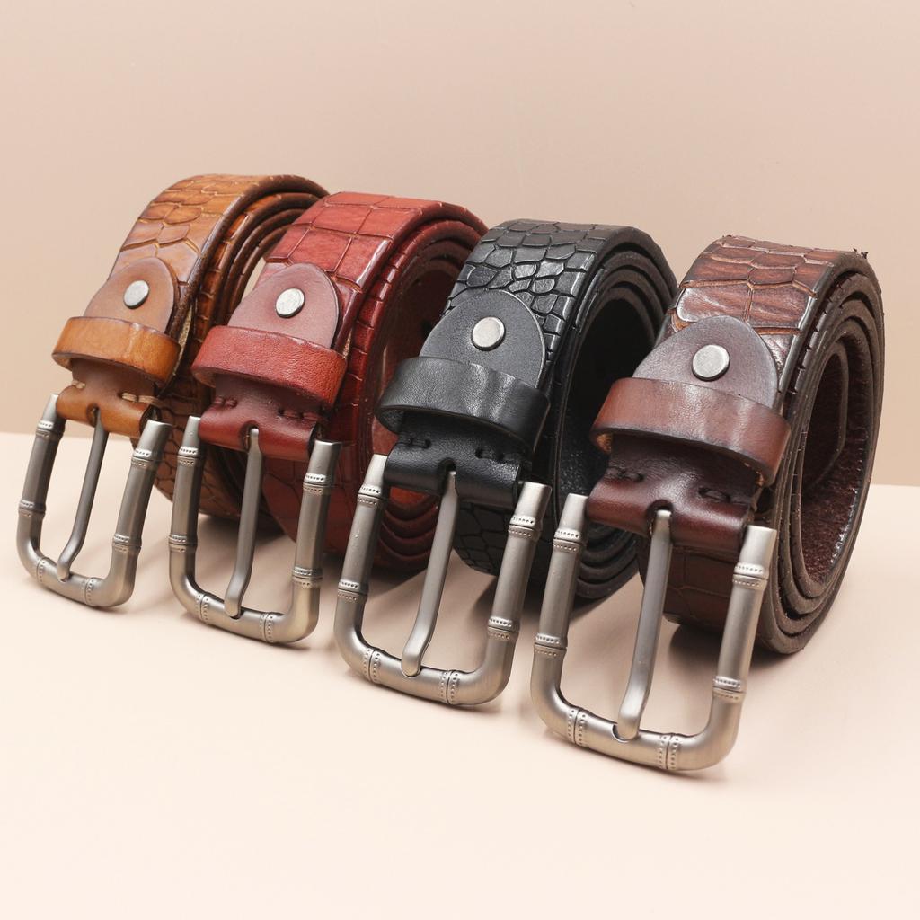 3.8CM Men's Belt Genuine Leather Belt Casual Retro Washing Crocodile Pattern Head Layer Cowhide Belt
