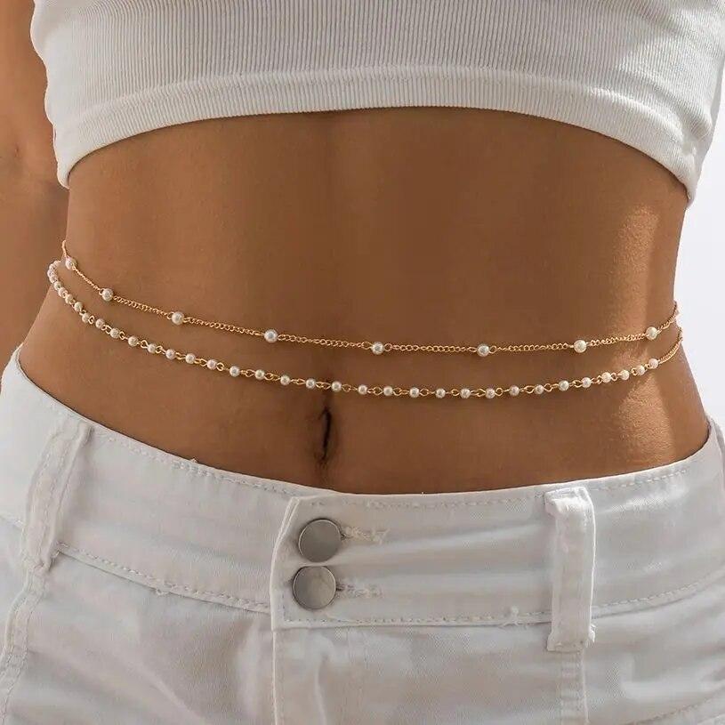 2Pcs/Set Sexy Boho Imitation Pearl Belly Waist Chain for Women Summer Bikini Double Layer Belt Body Jewelry Festival Accessories