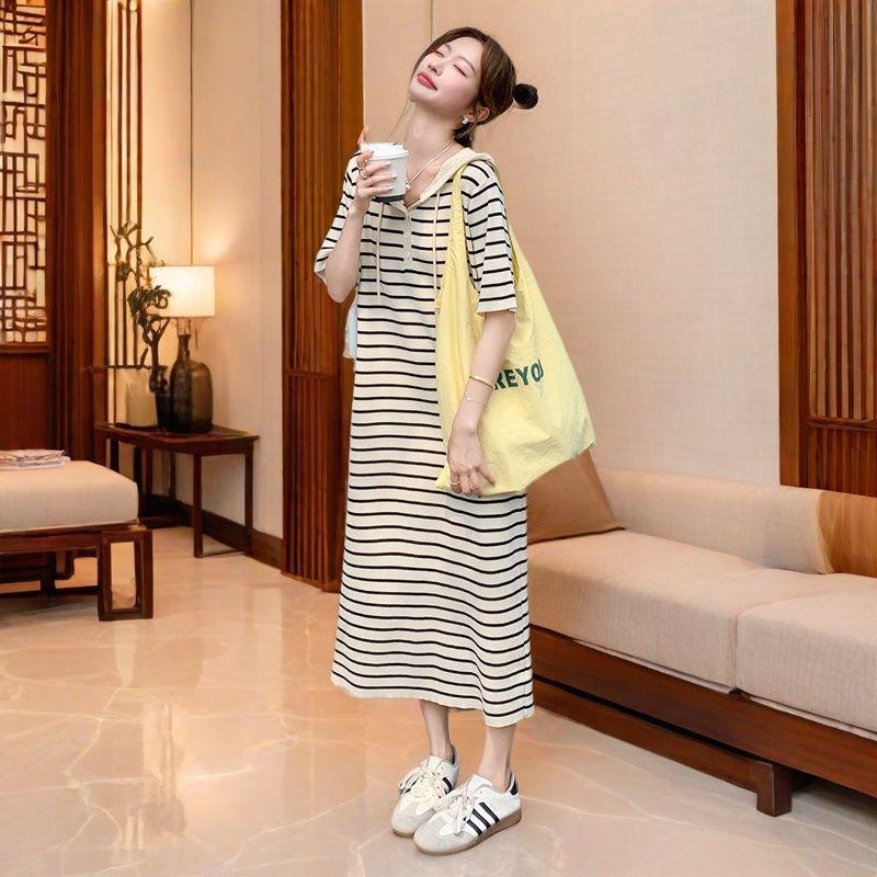 Korean Casual Striped Knit Hoodie Dress for Women, Summer College Style