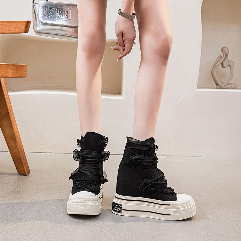 

Женская обувь на ультравысоком каблуке 12 см, с внутренней высотой, парусиновая обувь на липучках, весна-осень 2025, новая платформа, женская обувь, резиновая нескользящая 40 чёрный