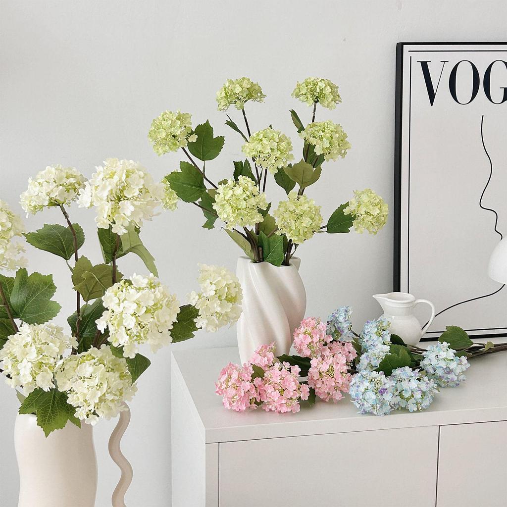 3-Head Hydrangea Snowball Artificial Flowers for Home, Living Room, Wedding Arrangements & Photo Props