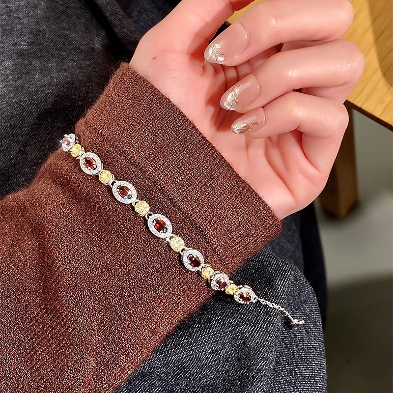 S925 Sterling Silver Bracelet For Women Inlaid Natural Garnet Topaz Crystal Fine Hand Jewelry