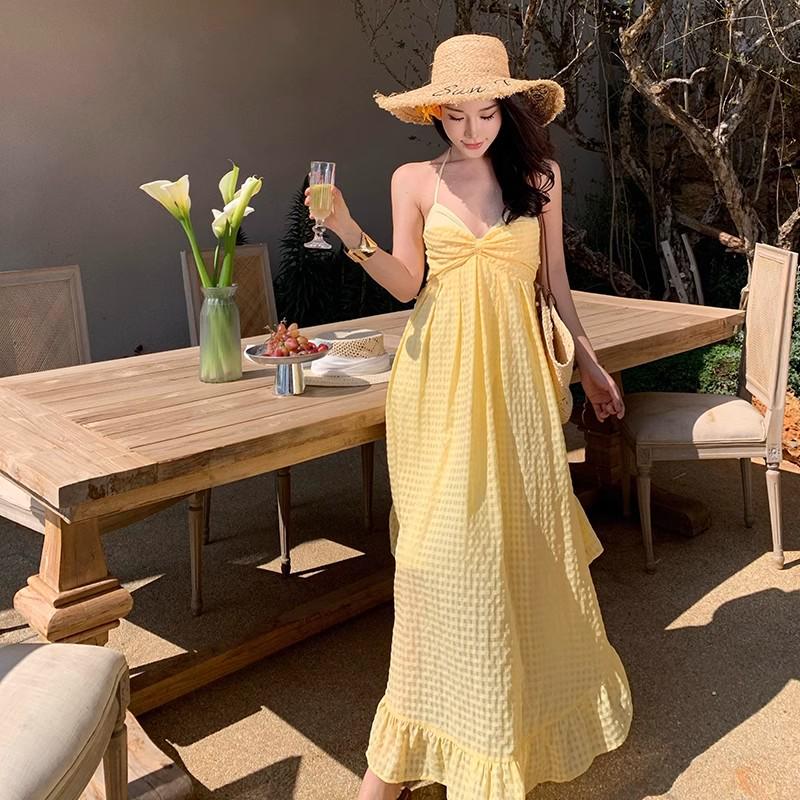 2026 Summer Light Yellow Plaid Backless Halter Dress - Island Beach Resort Style