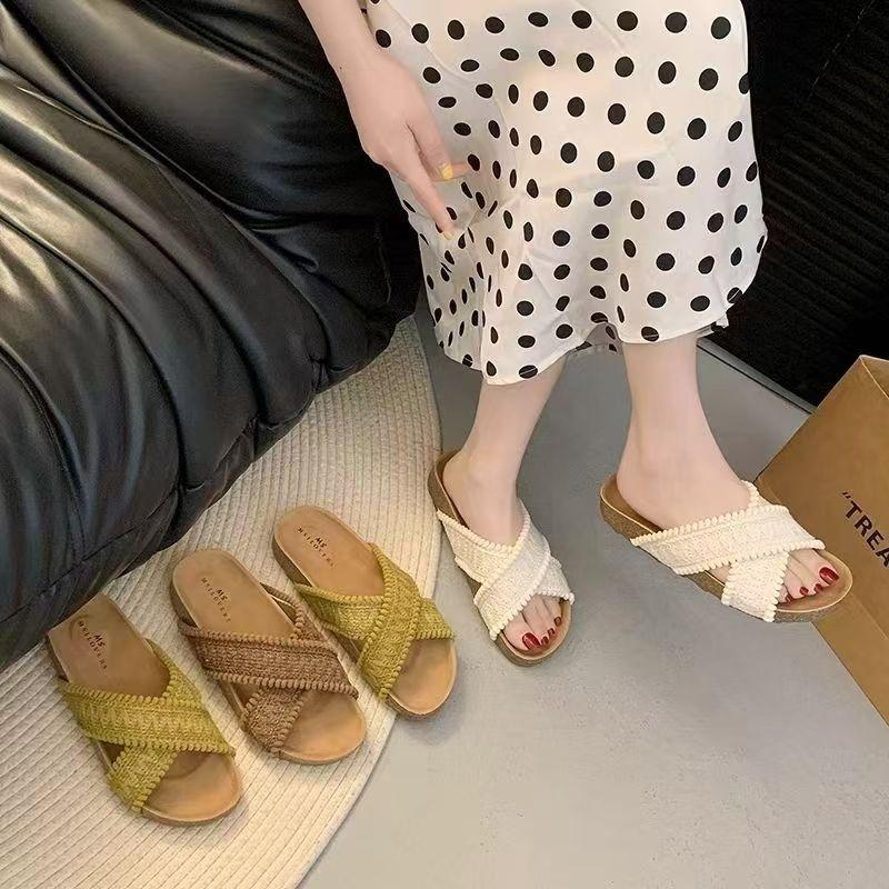 Cross-strap Knitted Slippers Women's Summer New Wear Retro Open-toed Beach One-word Cool Slippers
