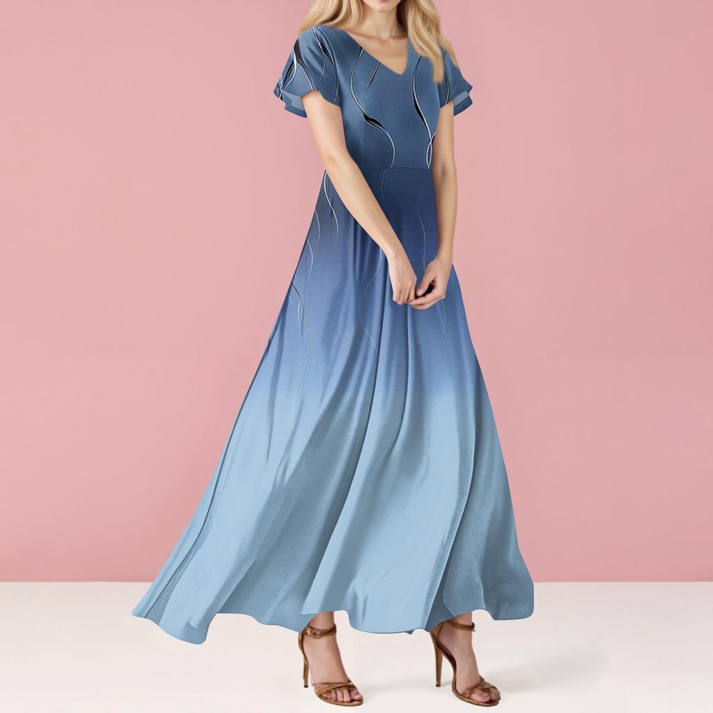 Dámské ležérní módní potištěné dlouhé šaty s výstřihem do V a krátkým rukávem