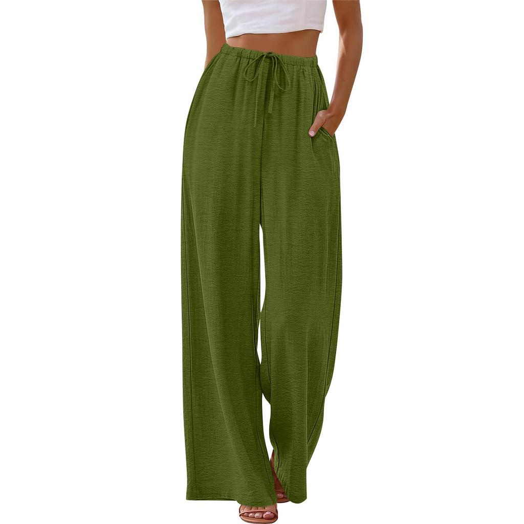 Women's Fashion Wide-Leg Trousers With Drawstring Elastic Waistband And Pockets Relaxed-Fit Casual Trousers