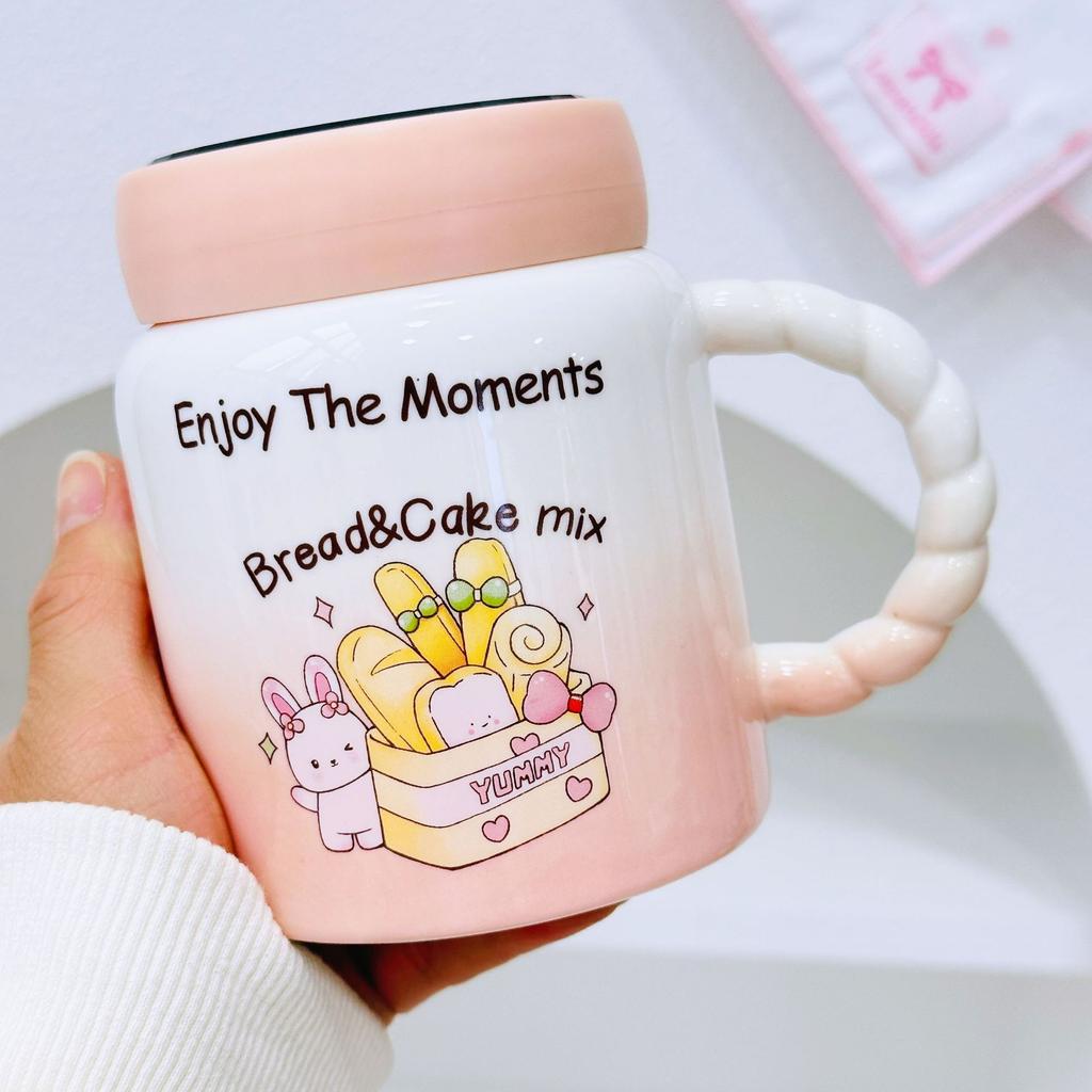 Little Rabbit Cartoon Ceramic Cup with Lid for Girls with High Temperature Mug Cute Creative Water Cup Office Gift Cup
